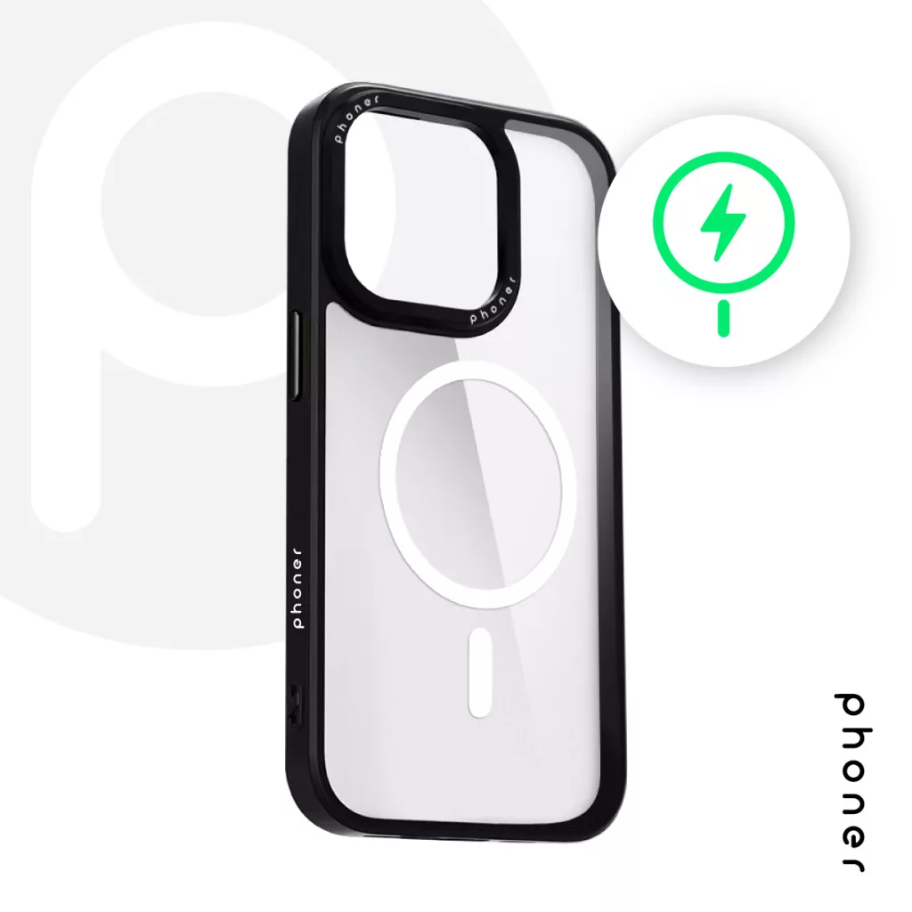 Phoner Custom Hybrid Apple iPhone 13 / 14 / 15 MagSafe kompatibilis tok - Átlátszó/Fekete gombokkal